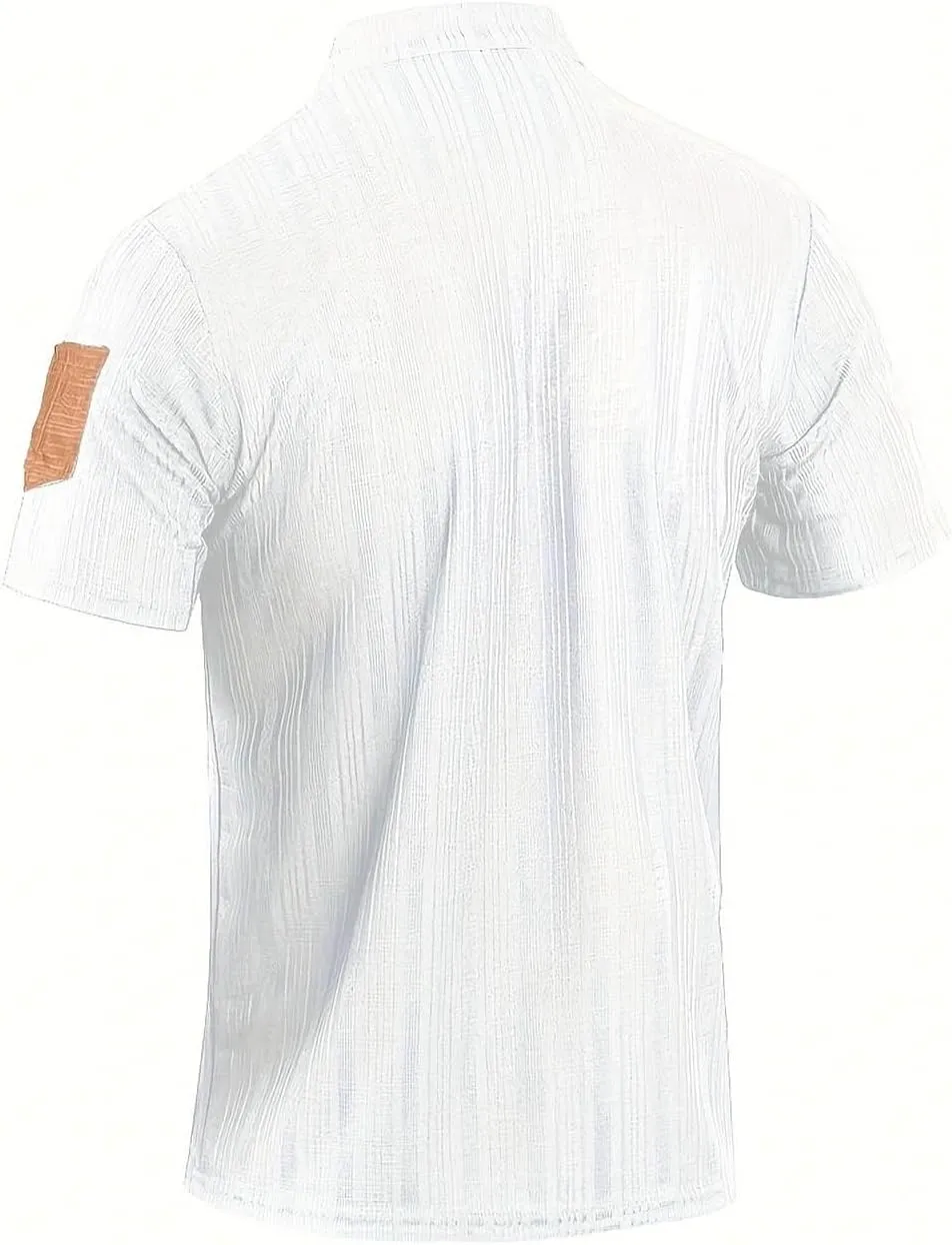 Men's Cotton Linen Henley Shirts Casual Lightweight Short Sleeve Button Down Stand Collar T-Shirt Summer Beach Tops