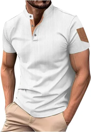 Men's Cotton Linen Henley Shirts Casual Lightweight Short Sleeve Button Down Stand Collar T-Shirt Summer Beach Tops