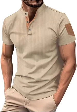 Men's Cotton Linen Henley Shirts Casual Lightweight Short Sleeve Button Down Stand Collar T-Shirt Summer Beach Tops