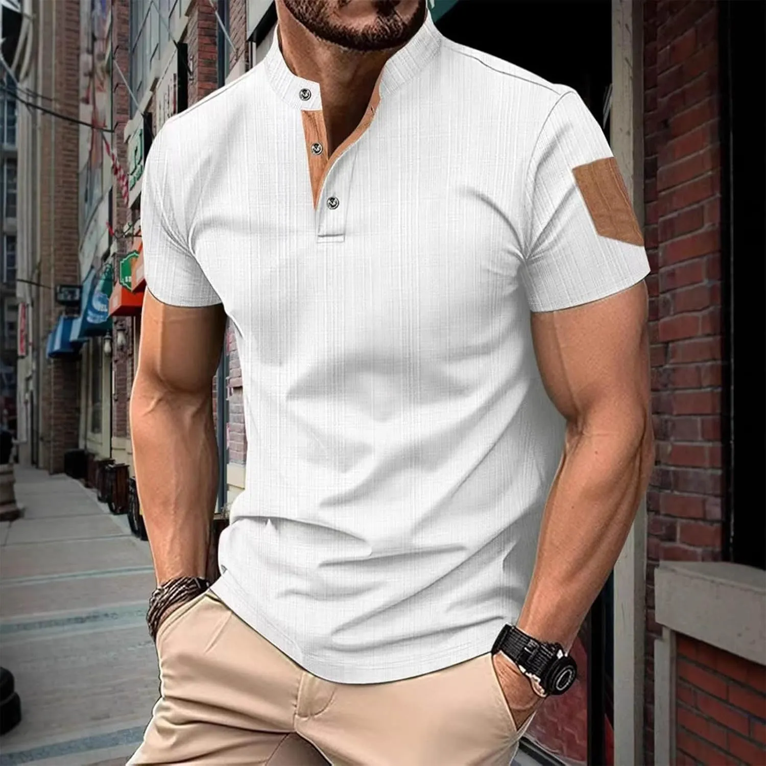 Men's Cotton Linen Henley Shirts Casual Lightweight Short Sleeve Button Down Stand Collar T-Shirt Summer Beach Tops