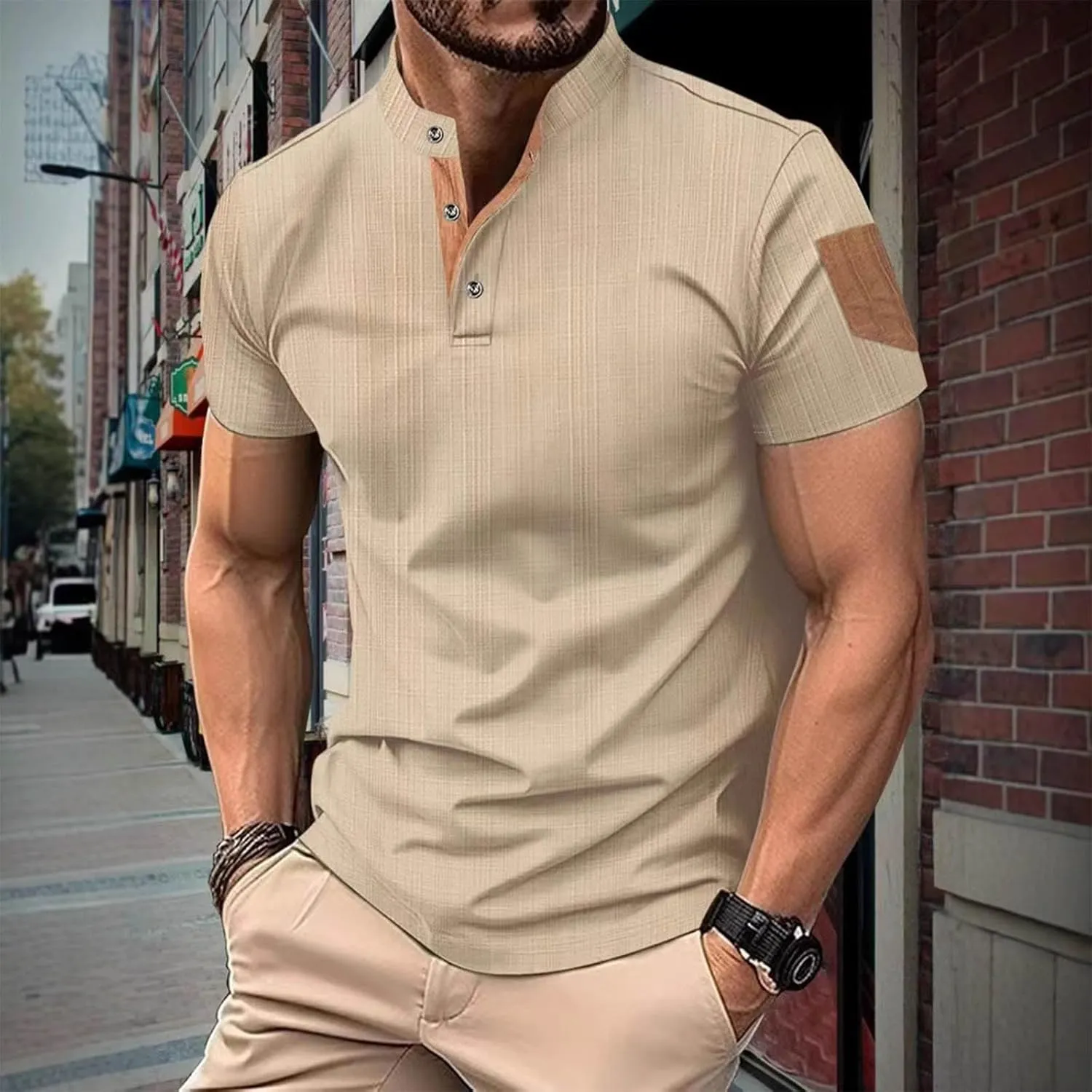 Men's Cotton Linen Henley Shirts Casual Lightweight Short Sleeve Button Down Stand Collar T-Shirt Summer Beach Tops