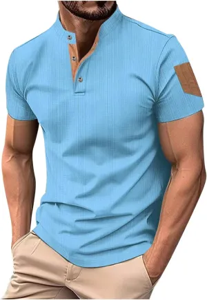 Men's Cotton Linen Henley Shirts Casual Lightweight Short Sleeve Button Down Stand Collar T-Shirt Summer Beach Tops