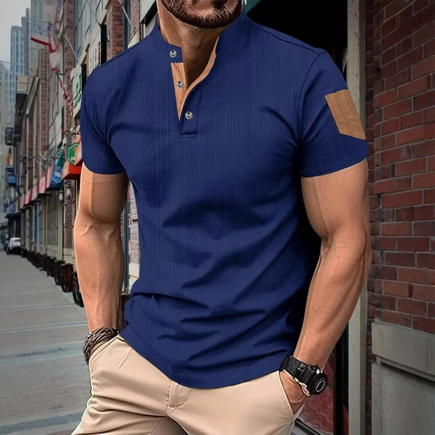 Men's Cotton Linen Henley Shirts Casual Lightweight Short Sleeve Button Down Stand Collar T-Shirt Summer Beach Tops