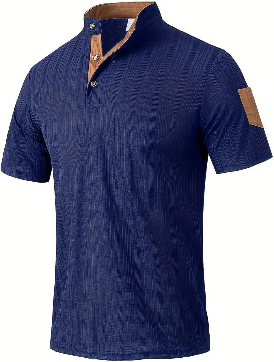 Men's Cotton Linen Henley Shirts Casual Lightweight Short Sleeve Button Down Stand Collar T-Shirt Summer Beach Tops