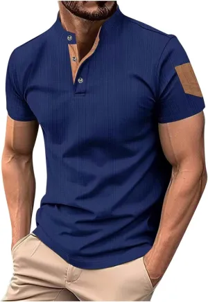 Men's Cotton Linen Henley Shirts Casual Lightweight Short Sleeve Button Down Stand Collar T-Shirt Summer Beach Tops