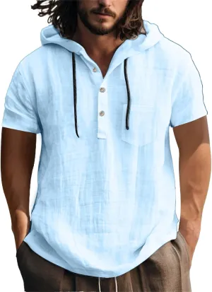 Men's Cotton Linen Hoodies Short Sleeve Pullover Shirts Lightweight Breathable Button Down Blouse Summer Beach Tees