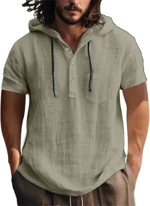 Men's Cotton Linen Hoodies Short Sleeve Pullover Shirts Lightweight Breathable Button Down Blouse Summer Beach Tees