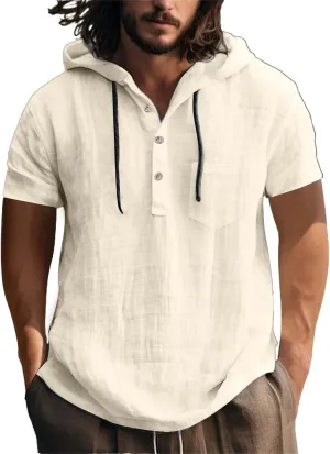 Men's Cotton Linen Hoodies Short Sleeve Pullover Shirts Lightweight Breathable Button Down Blouse Summer Beach Tees
