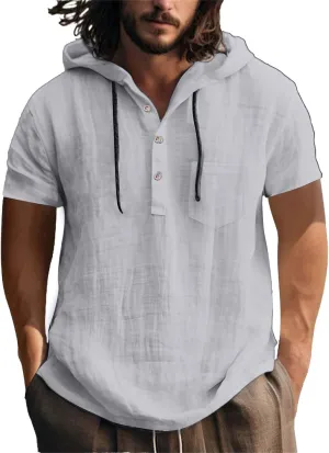 Men's Cotton Linen Hoodies Short Sleeve Pullover Shirts Lightweight Breathable Button Down Blouse Summer Beach Tees