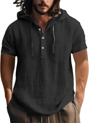 Men's Cotton Linen Hoodies Short Sleeve Pullover Shirts Lightweight Breathable Button Down Blouse Summer Beach Tees