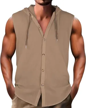 Men's Cotton Linen Workout Tank Tops Button Down Lapel Sleeveless Gym Muscle T Shirts Casual Breathable Summer Tanks