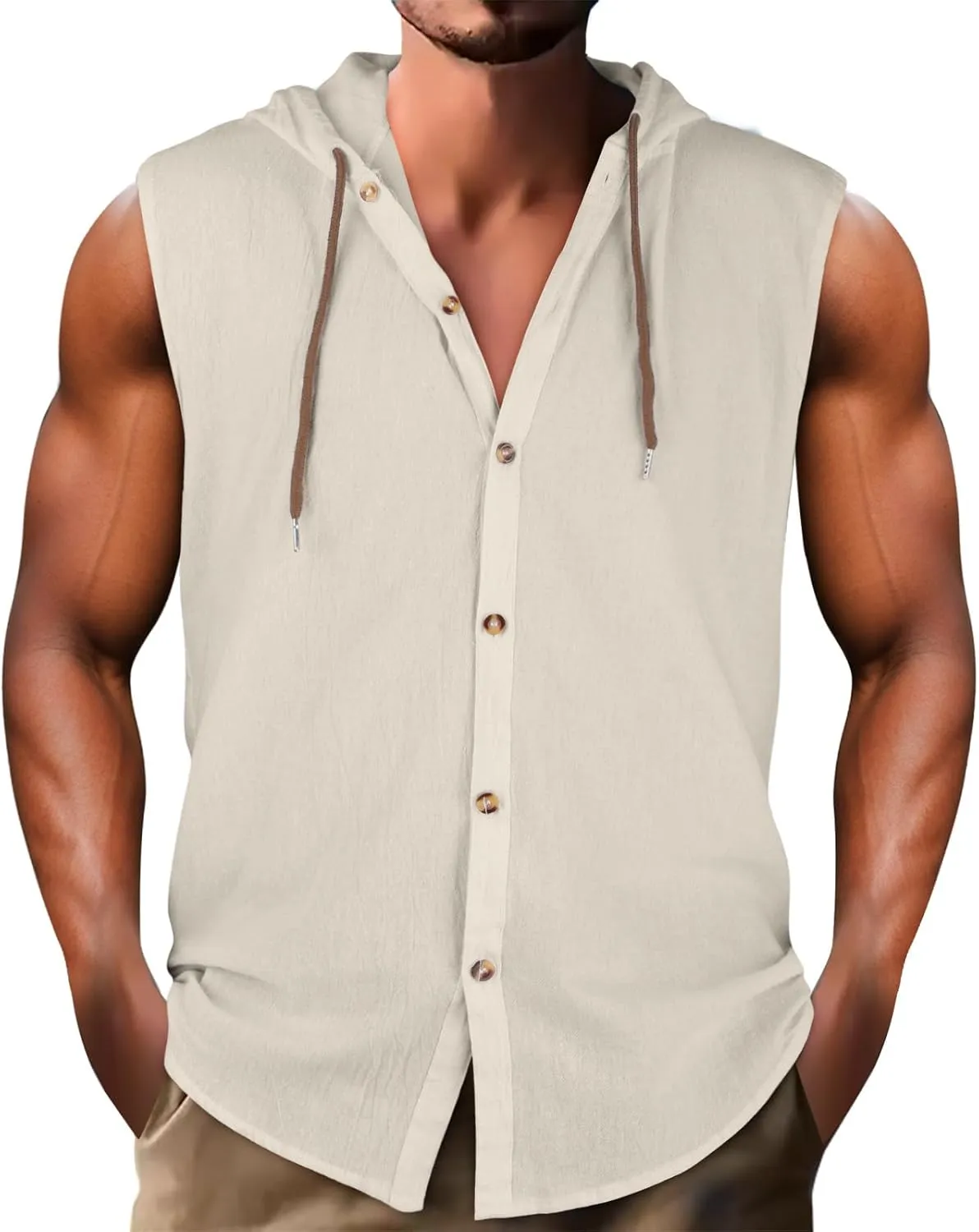 Men's Cotton Linen Workout Tank Tops Button Down Lapel Sleeveless Gym Muscle T Shirts Casual Breathable Summer Tanks