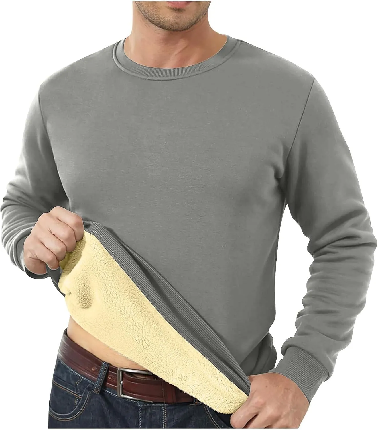 Men's Crewneck Sweatshirts Sherpa Lined Oversized Pullover Casual Long Sleeve Winter Warm Fleece Thick Pullover Tops