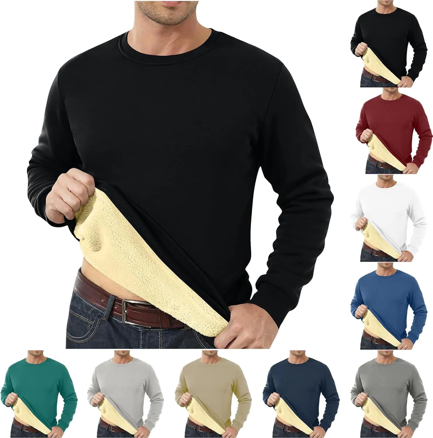 Men's Crewneck Sweatshirts Sherpa Lined Oversized Pullover Casual Long Sleeve Winter Warm Fleece Thick Pullover Tops