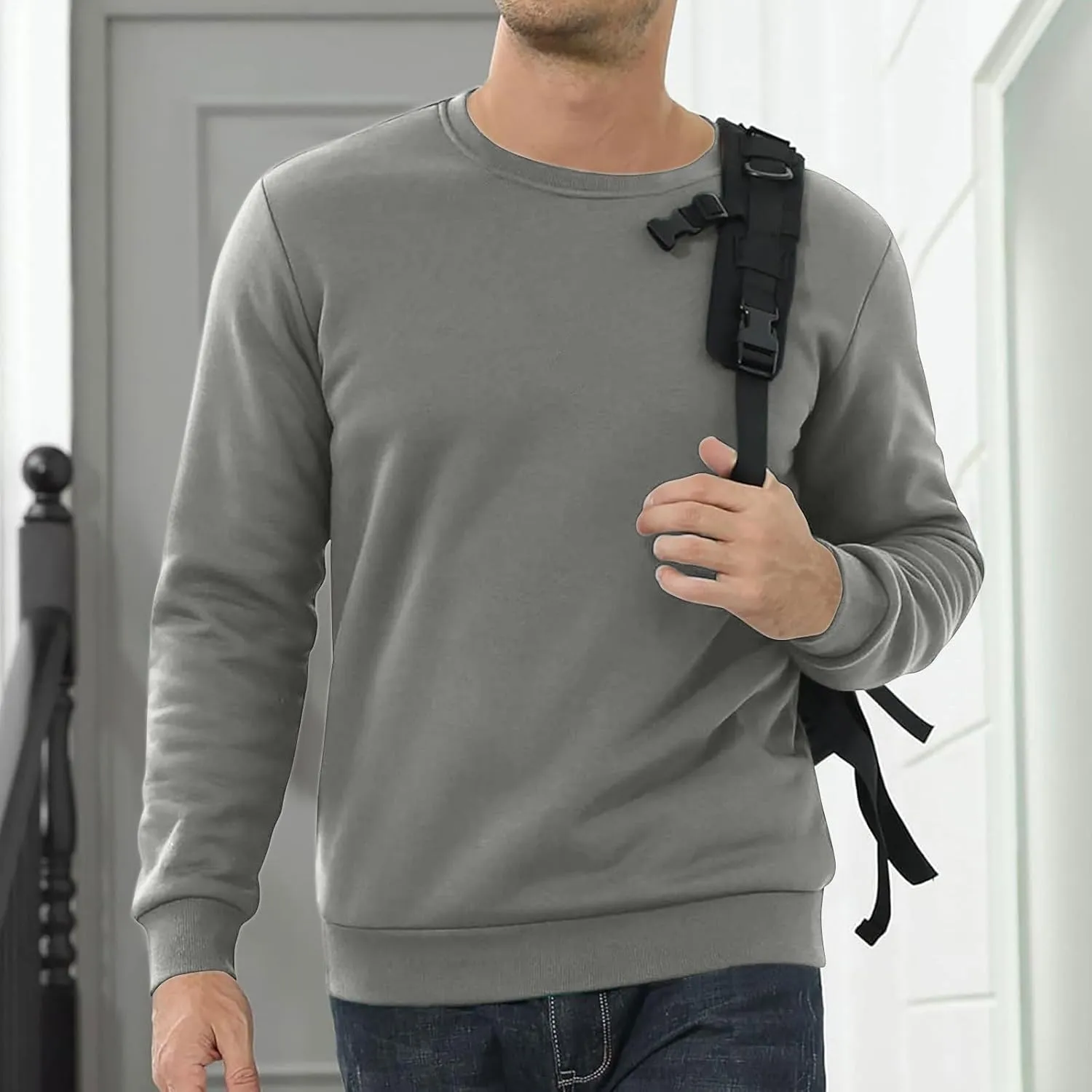 Men's Crewneck Sweatshirts Sherpa Lined Oversized Pullover Casual Long Sleeve Winter Warm Fleece Thick Pullover Tops