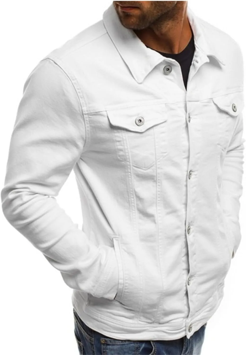 Mens Denim Jacket Cozy Classic Overshirt Long Sleeve Slim Fit Button Up Denim Top Shirt Jacket Trucker Jacket with Pockets