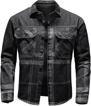 Men's Denim Jackets Cowboy Cut Western Jean Trucker Jacket Stylish Plaid Jacket Outwear with Pockets