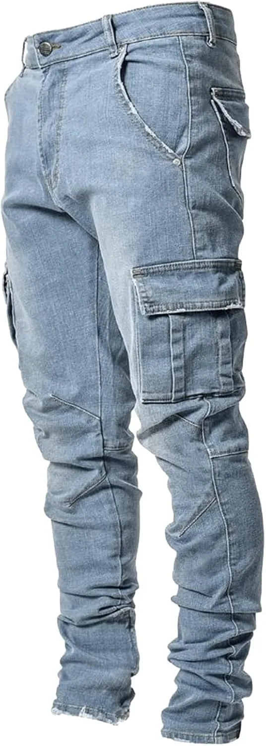Mens Denim Pants Fashion Stretch Fit Straight Hole Buckle Zipper Pocket Button Tapered Jeans Casual Street Biker Pant
