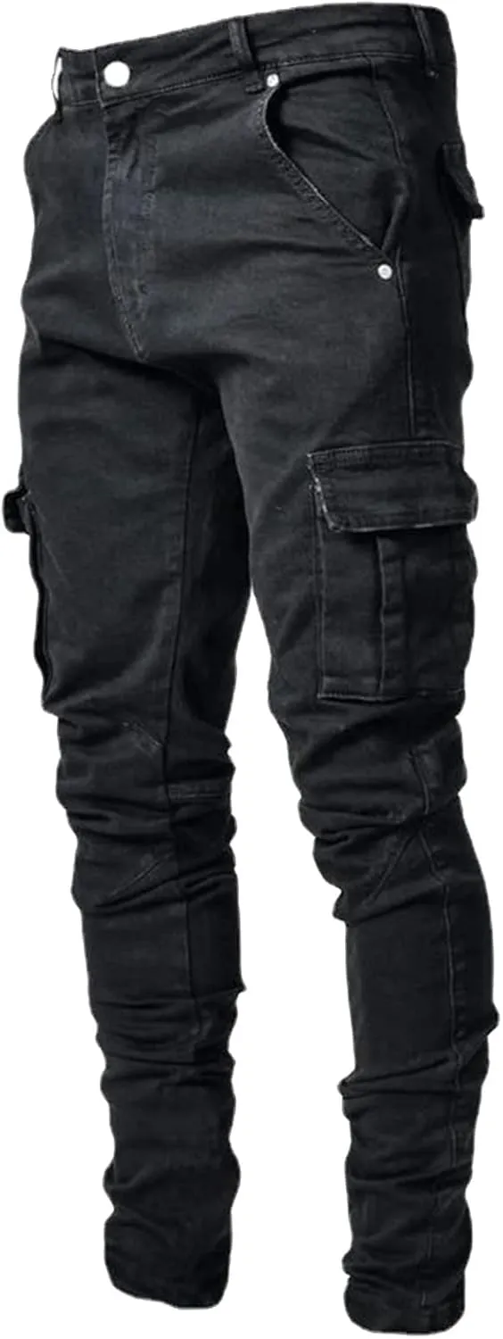 Mens Denim Pants Fashion Stretch Fit Straight Hole Buckle Zipper Pocket Button Tapered Jeans Casual Street Biker Pant