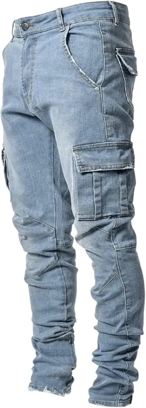 Mens Denim Pants Fashion Stretch Fit Straight Hole Buckle Zipper Pocket Button Tapered Jeans Casual Street Biker Pant