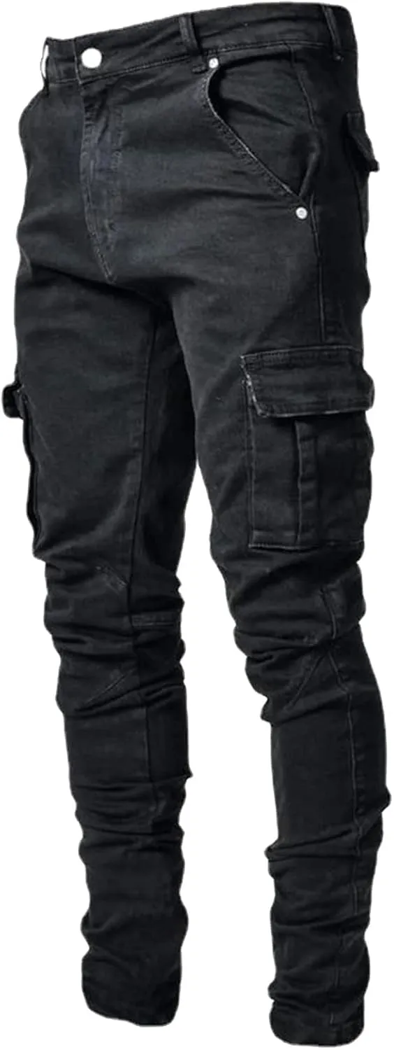 Mens Denim Pants Fashion Stretch Fit Straight Hole Buckle Zipper Pocket Button Tapered Jeans Casual Street Biker Pant