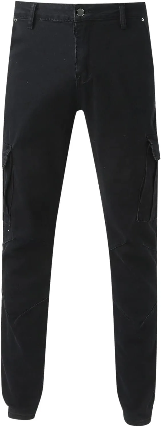 Mens Denim Pants Fashion Stretch Fit Straight Hole Buckle Zipper Pocket Button Tapered Jeans Casual Street Biker Pant