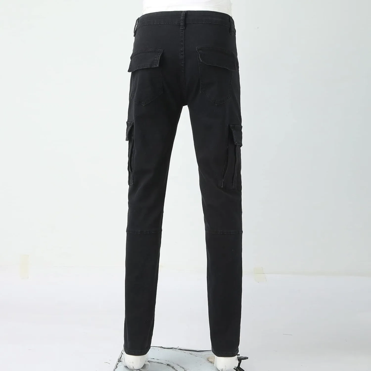 Mens Denim Pants Fashion Stretch Fit Straight Hole Buckle Zipper Pocket Button Tapered Jeans Casual Street Biker Pant