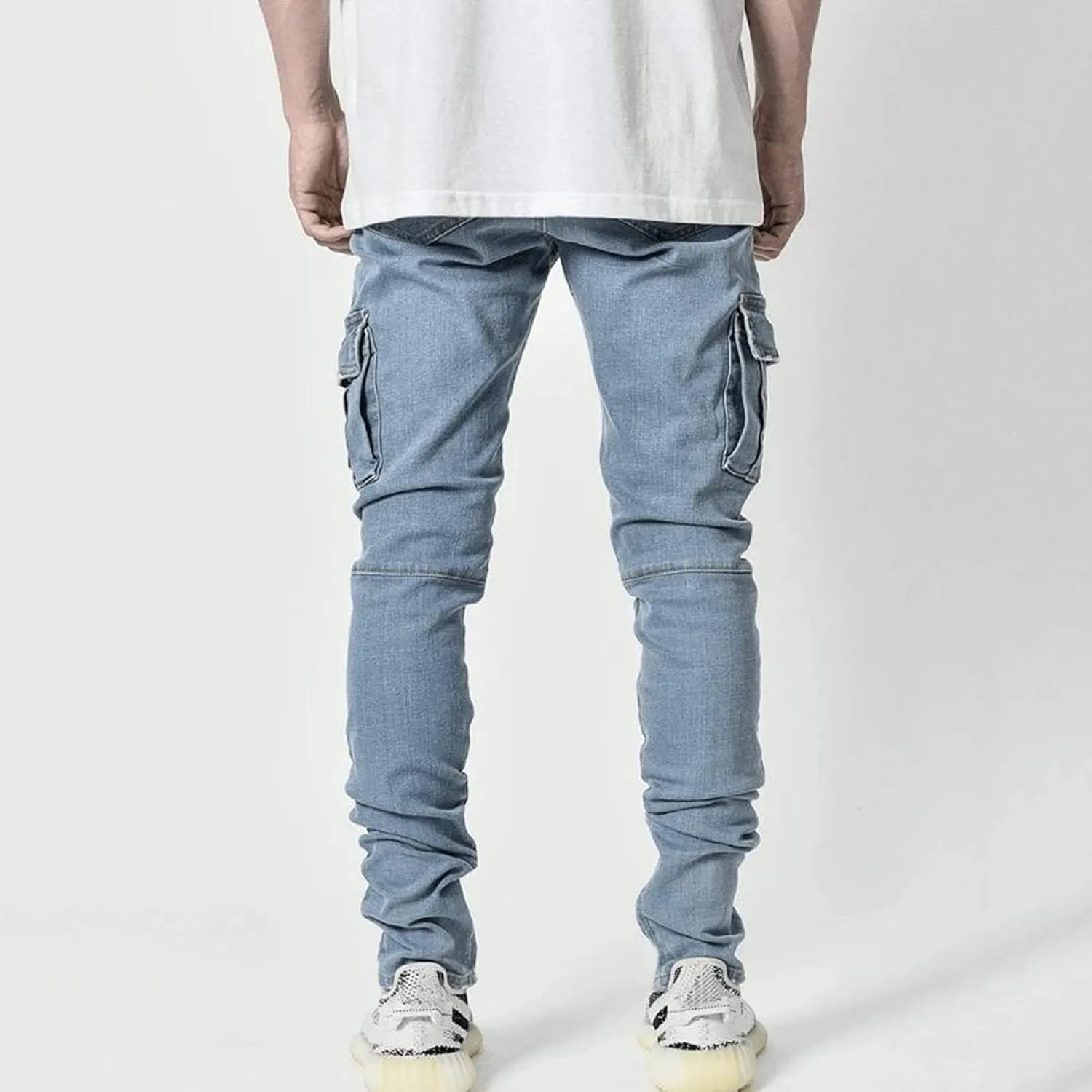 Mens Denim Pants Fashion Stretch Fit Straight Hole Buckle Zipper Pocket Button Tapered Jeans Casual Street Biker Pant