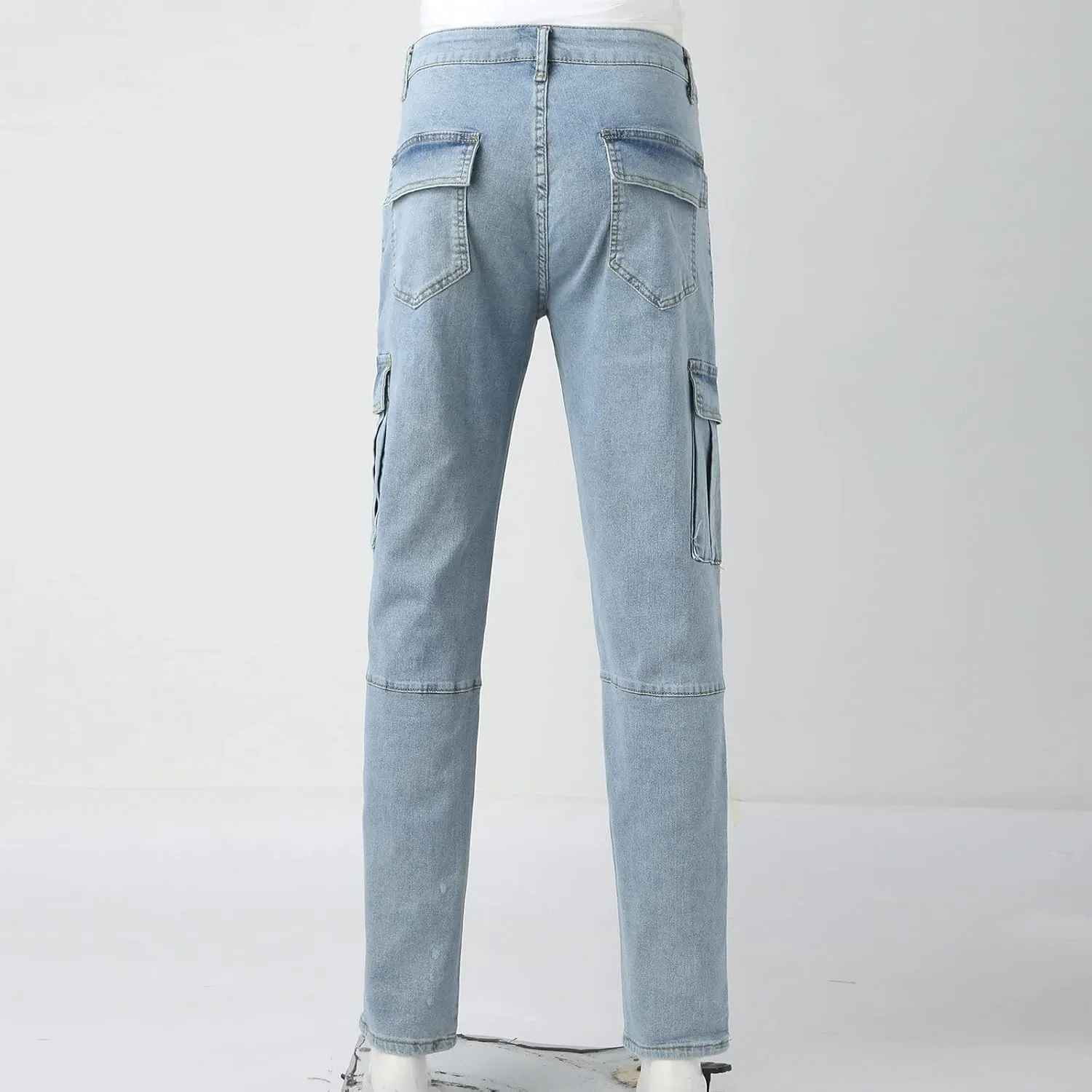 Mens Denim Pants Fashion Stretch Fit Straight Hole Buckle Zipper Pocket Button Tapered Jeans Casual Street Biker Pant