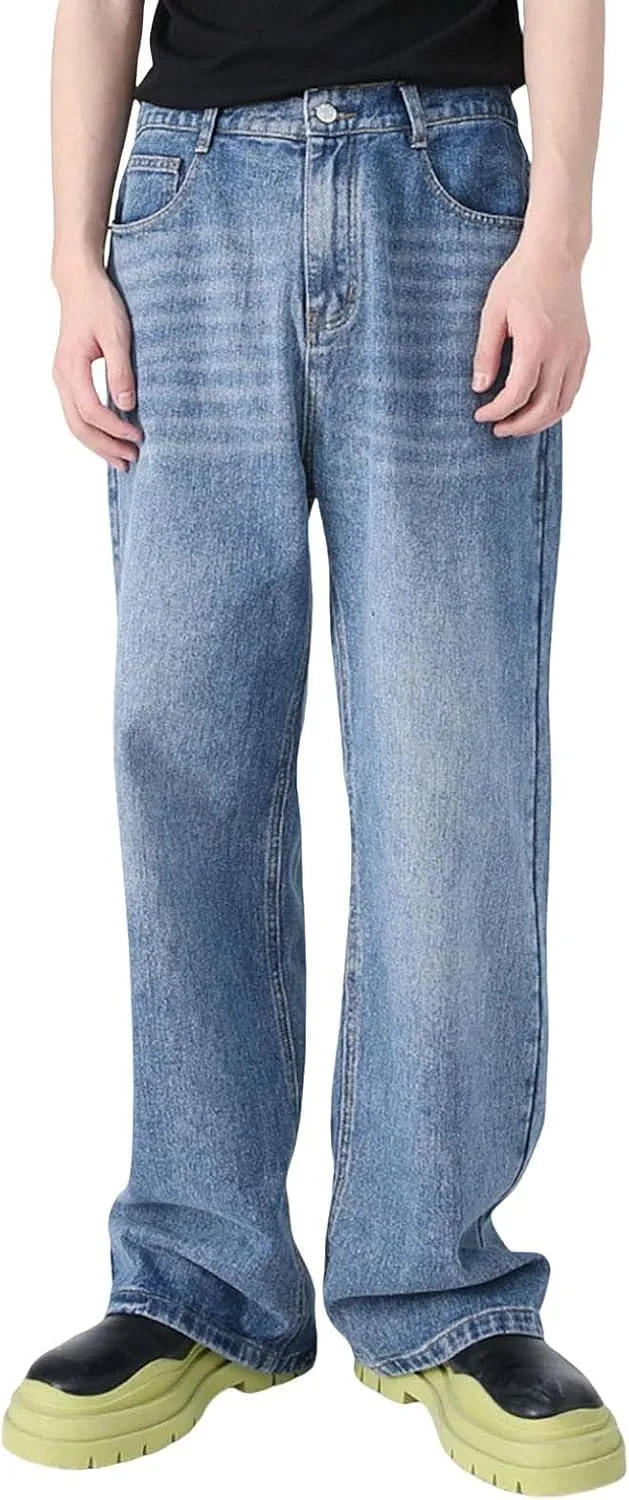 Mens Distressed Jeans Relaxed Fit Casual Straight Leg Washed Denim Pants with Pockets Hip Hop Streetwear Trousers