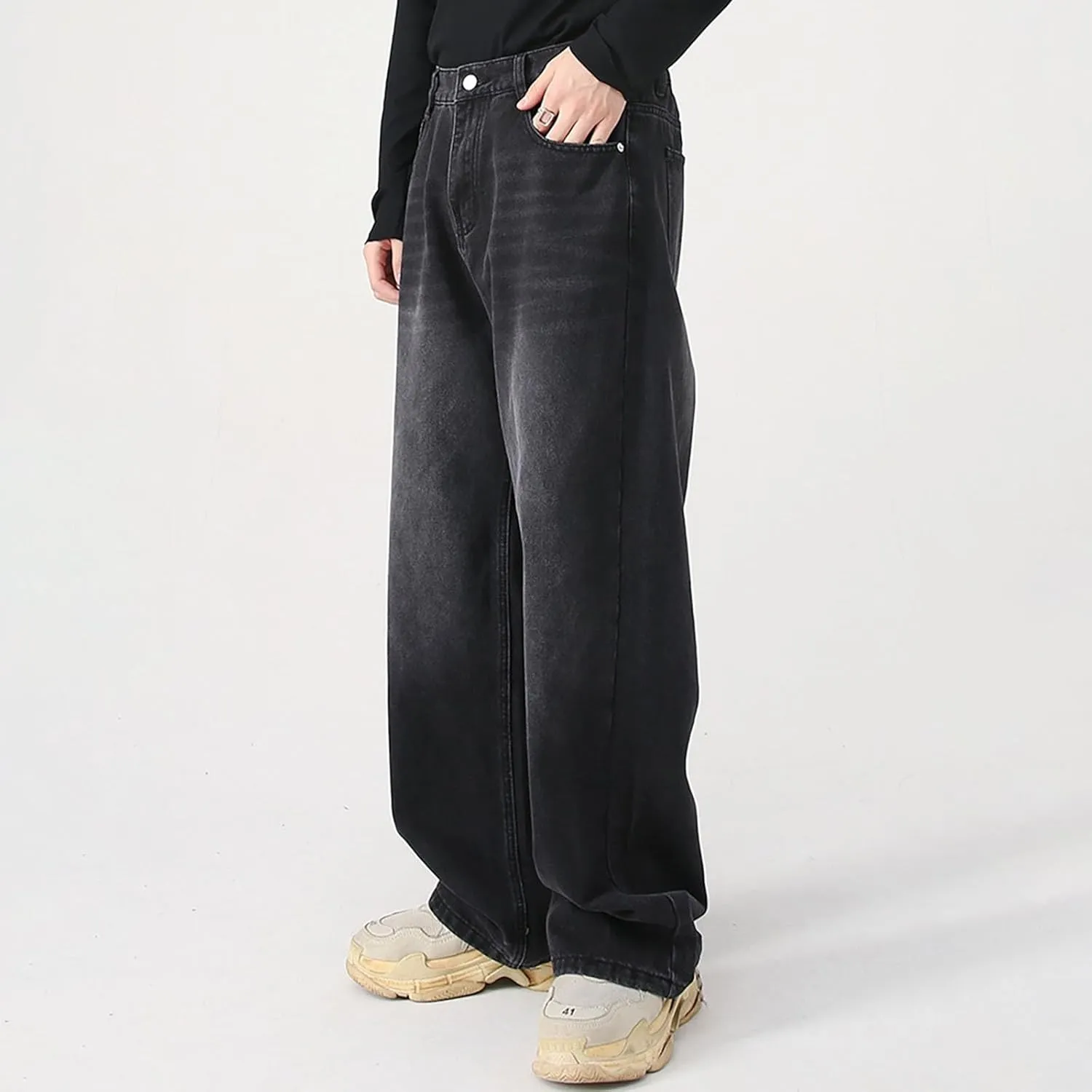 Mens Distressed Jeans Relaxed Fit Casual Straight Leg Washed Denim Pants with Pockets Hip Hop Streetwear Trousers