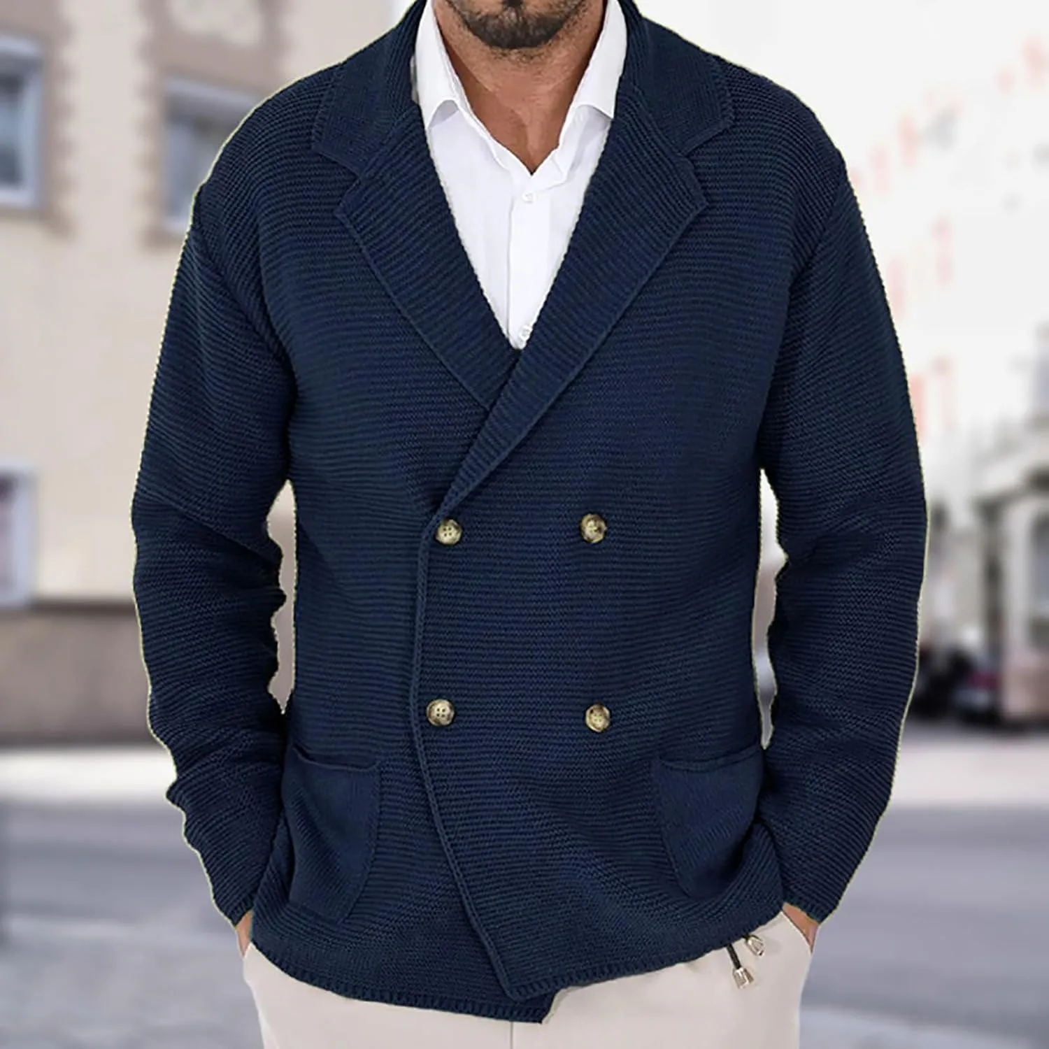 Men's Double Breast Cardigan Sweater Button Down Lightweight Long Sleeve Casual Knit Cardigans Outwear with Pockets