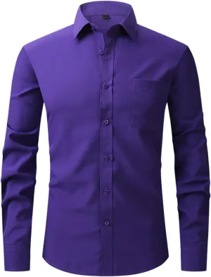 Men's Dress Shirts Solid Long Sleeve Stretch Wrinkle-Free Formal Shirt Business Classic Fit Casual Button Down Shirts