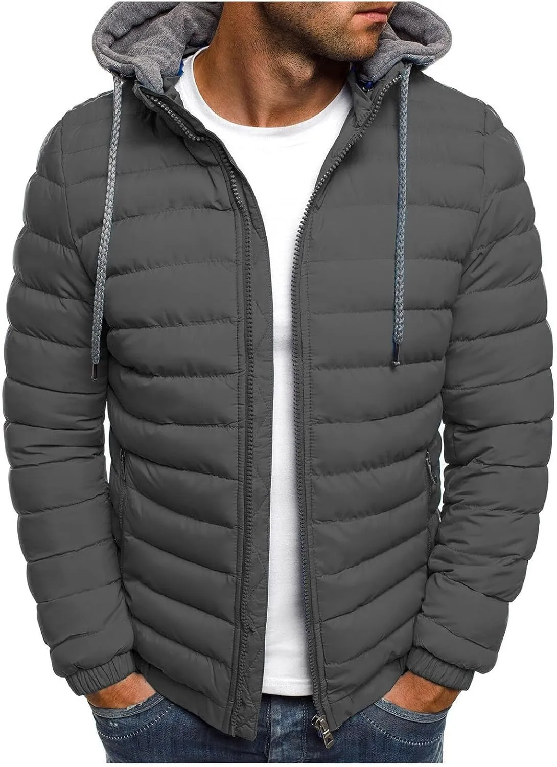 Men's Essential Lightweight Down Puffer Jacket Packable Winter Coat with Zip-Up Detachable Hood Warm Insulation