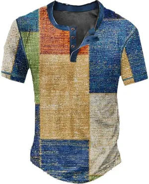 Mens Fashion Printing Henley Shirts Casual Button Crewneck Tops Regular Fit Short Sleeve Pullover Shirts for Men