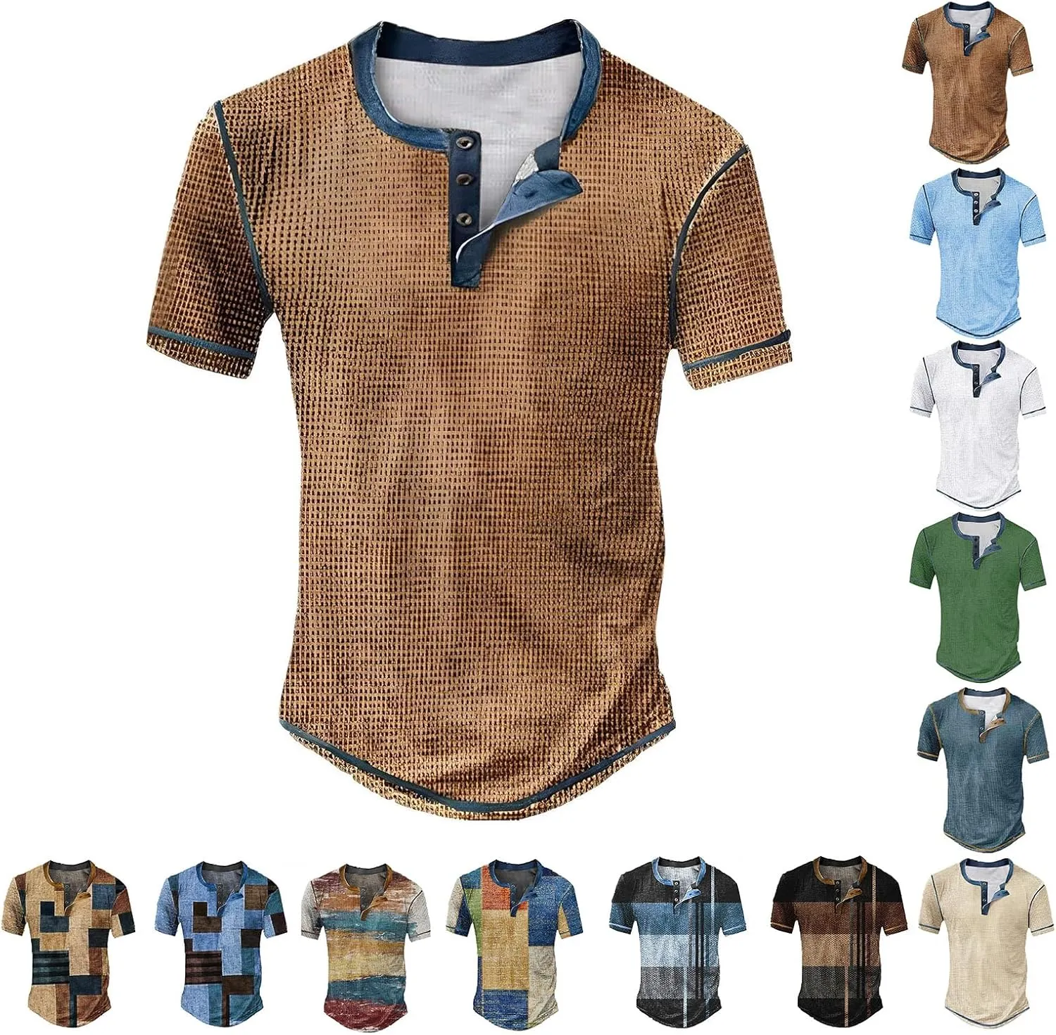 Mens Fashion Printing Henley Shirts Casual Button Crewneck Tops Regular Fit Short Sleeve Pullover Shirts for Men