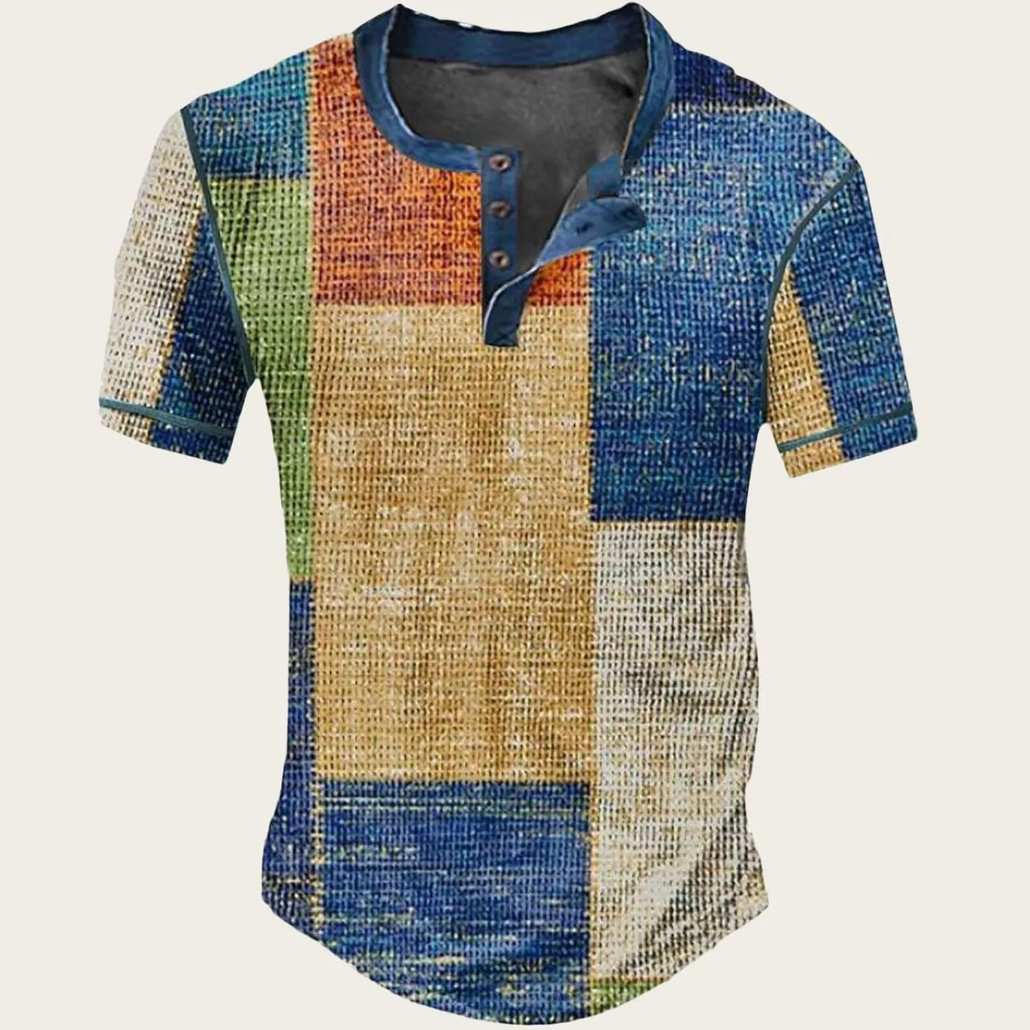 Mens Fashion Printing Henley Shirts Casual Button Crewneck Tops Regular Fit Short Sleeve Pullover Shirts for Men