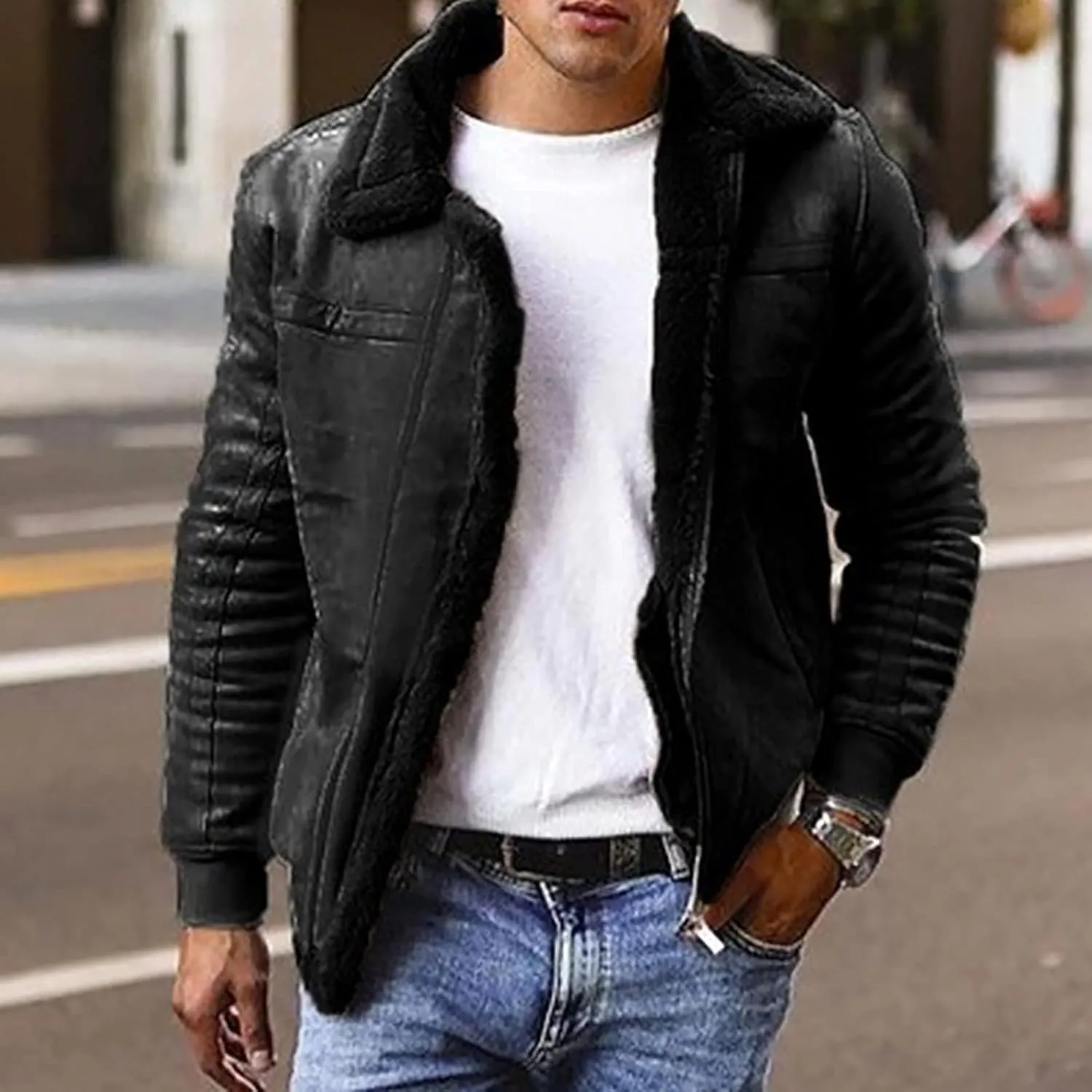 Mens Faux Leather Jacket Zip-Up Motorcycle Bomber Jacket Fur Collar Aviator Coat Thermal Lined Warm Casual Coat