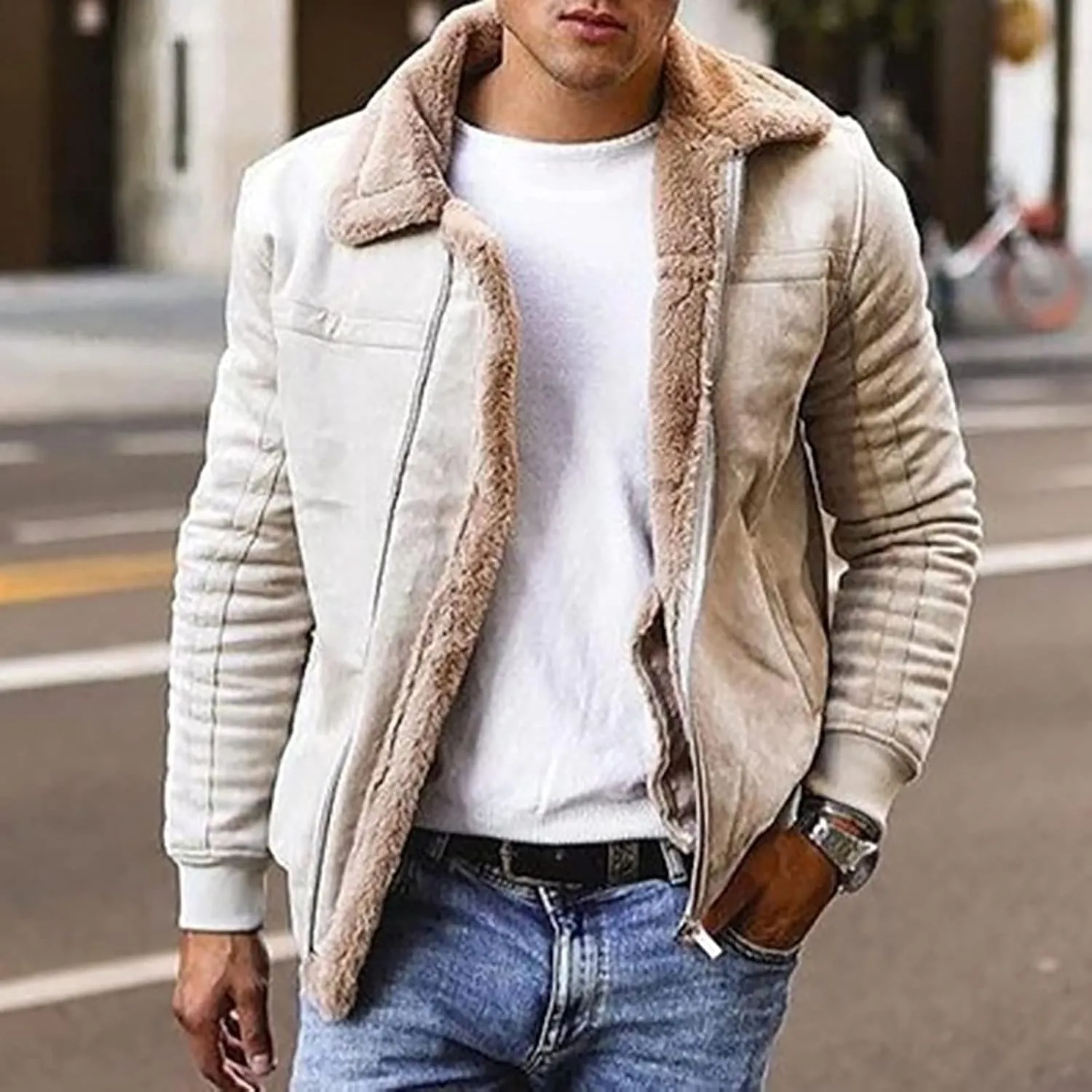 Mens Faux Leather Jacket Zip-Up Motorcycle Bomber Jacket Fur Collar Aviator Coat Thermal Lined Warm Casual Coat