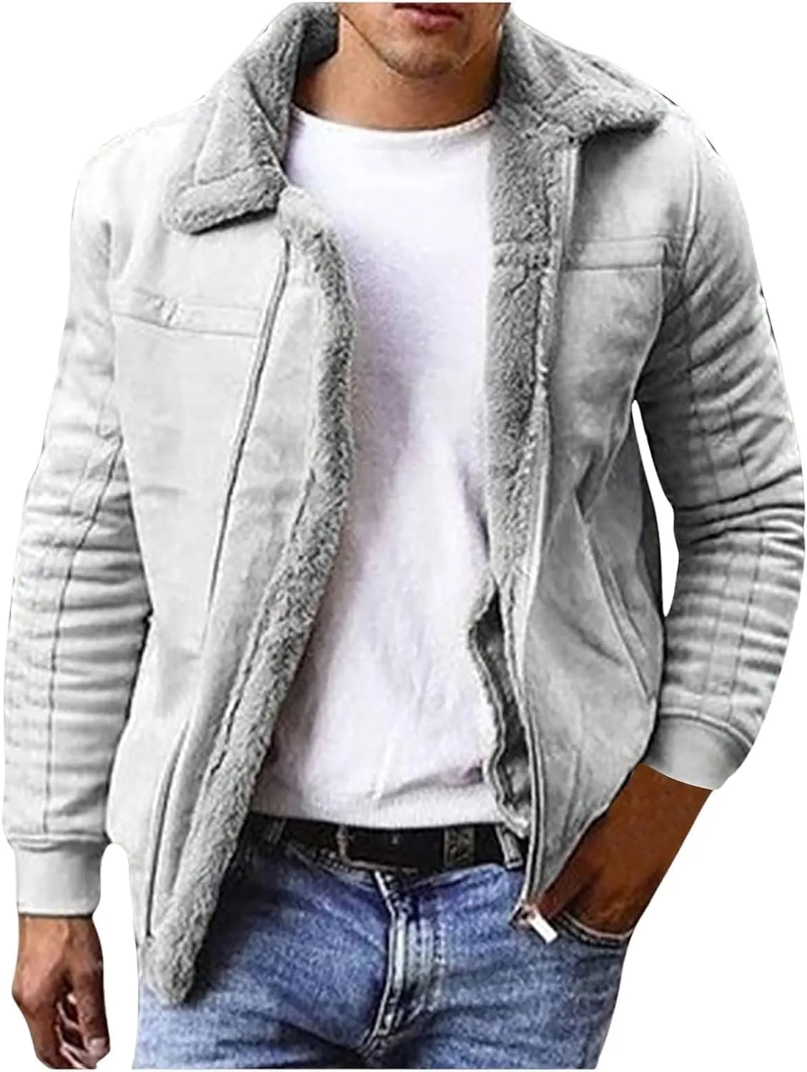 Mens Faux Leather Jacket Zip-Up Motorcycle Bomber Jacket Fur Collar Aviator Coat Thermal Lined Warm Casual Coat