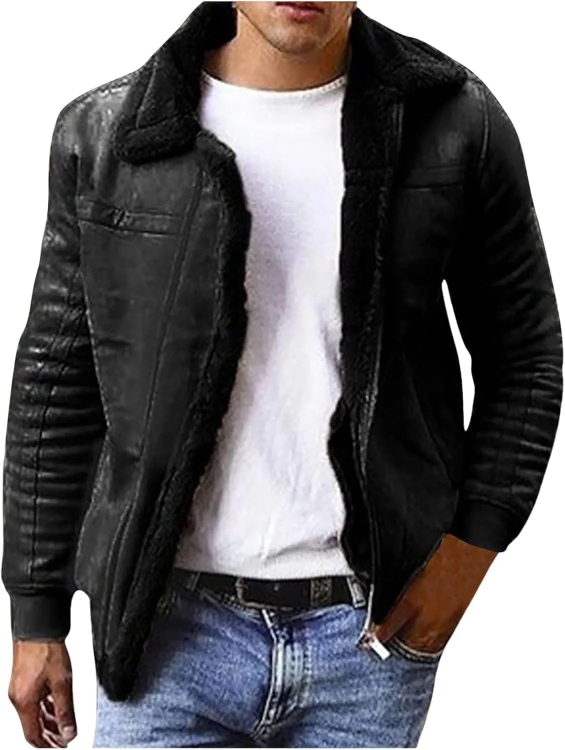 Mens Faux Leather Jacket Zip-Up Motorcycle Bomber Jacket Fur Collar Aviator Coat Thermal Lined Warm Casual Coat
