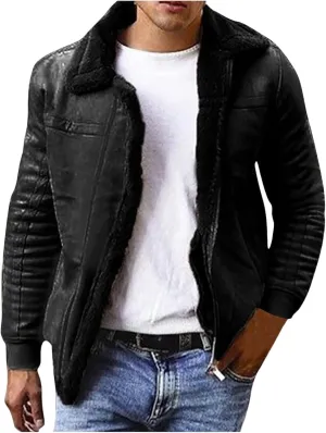 Mens Faux Leather Jacket Zip-Up Motorcycle Bomber Jacket Fur Collar Aviator Coat Thermal Lined Warm Casual Coat