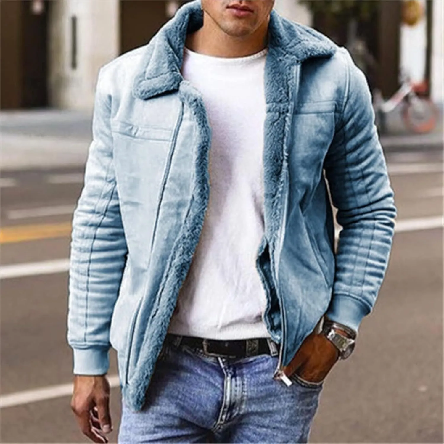 Mens Faux Leather Jacket Zip-Up Motorcycle Bomber Jacket Fur Collar Aviator Coat Thermal Lined Warm Casual Coat