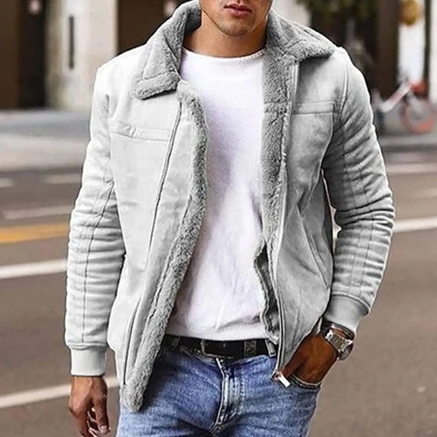 Mens Faux Leather Jacket Zip-Up Motorcycle Bomber Jacket Fur Collar Aviator Coat Thermal Lined Warm Casual Coat