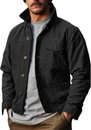 Mens Flannel Lined Workwear Cotton Canvas Trucker Jacket, Vintage Suede Leather Trucker Jacket, Faux Leather Jackets