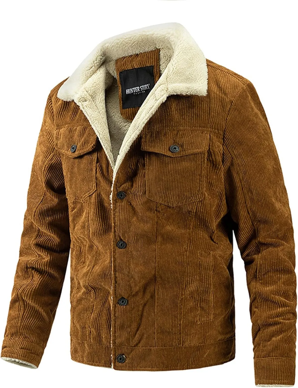 Mens Fleece Jacket Corduroy Winter Sherpa Lined Trucker Jackets Thick Warm Cargo Parka Coats Casual Work Button Up Coat