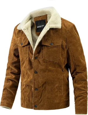 Mens Fleece Jacket Corduroy Winter Sherpa Lined Trucker Jackets Thick Warm Cargo Parka Coats Casual Work Button Up Coat