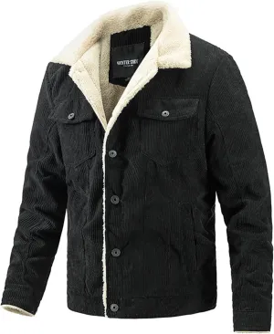 Mens Fleece Jacket Corduroy Winter Sherpa Lined Trucker Jackets Thick Warm Cargo Parka Coats Casual Work Button Up Coat