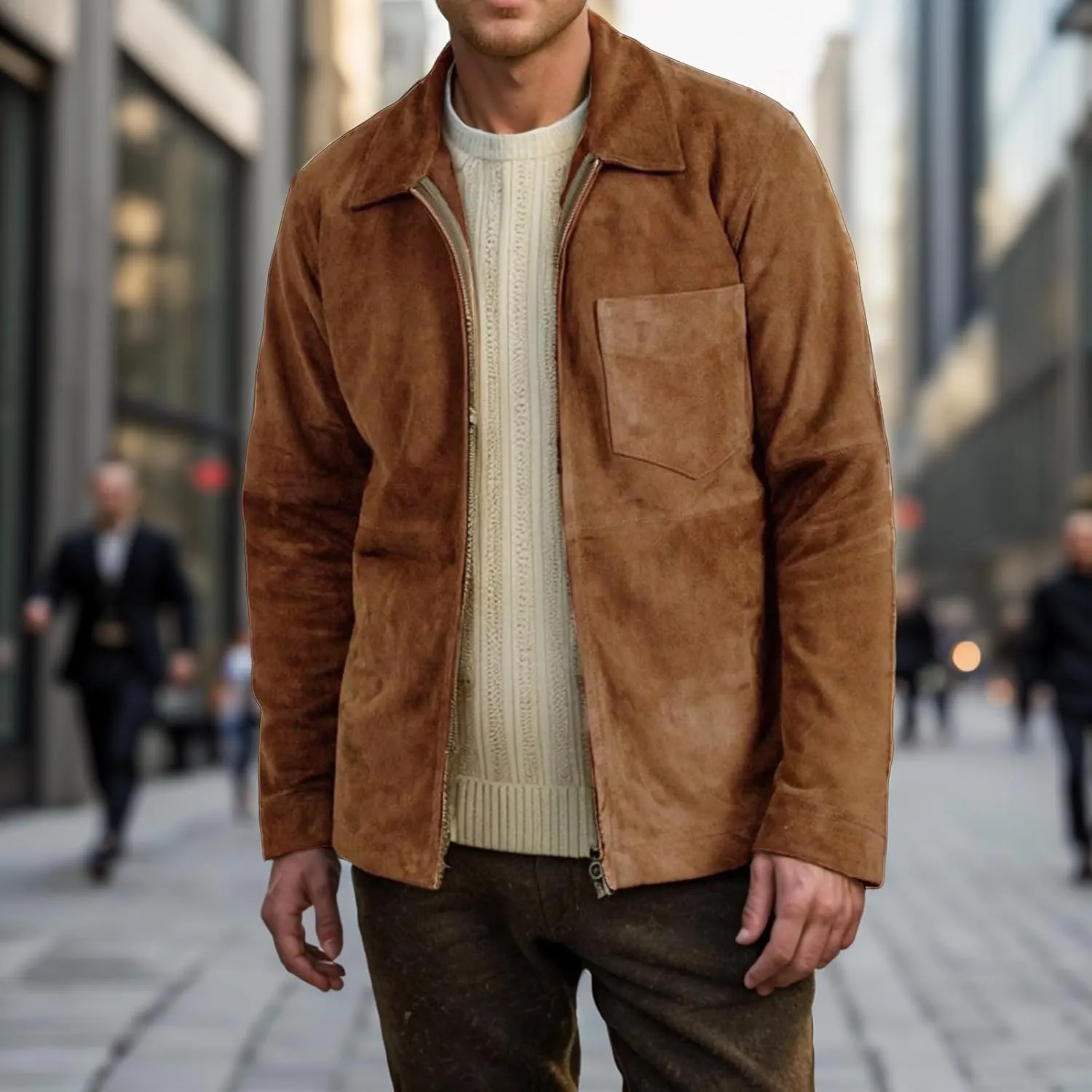 Mens Fleece Slim Fit Jacket Lapel Collar Full Zip Up Windbreaker Outwear with Pocket for Outdoor Hiking and Travel