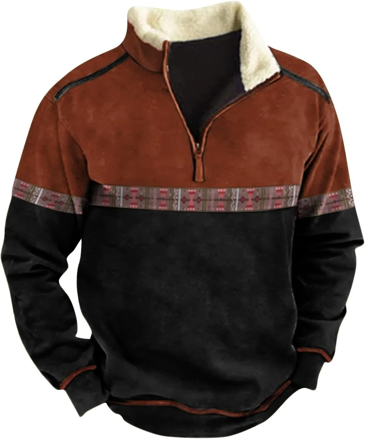 Mens Fleece Sweatshirts Quarter Zip Aztec Cowboy Western Jacket Sweatshirt Casual Stand Collar Polo Sweater Pullover